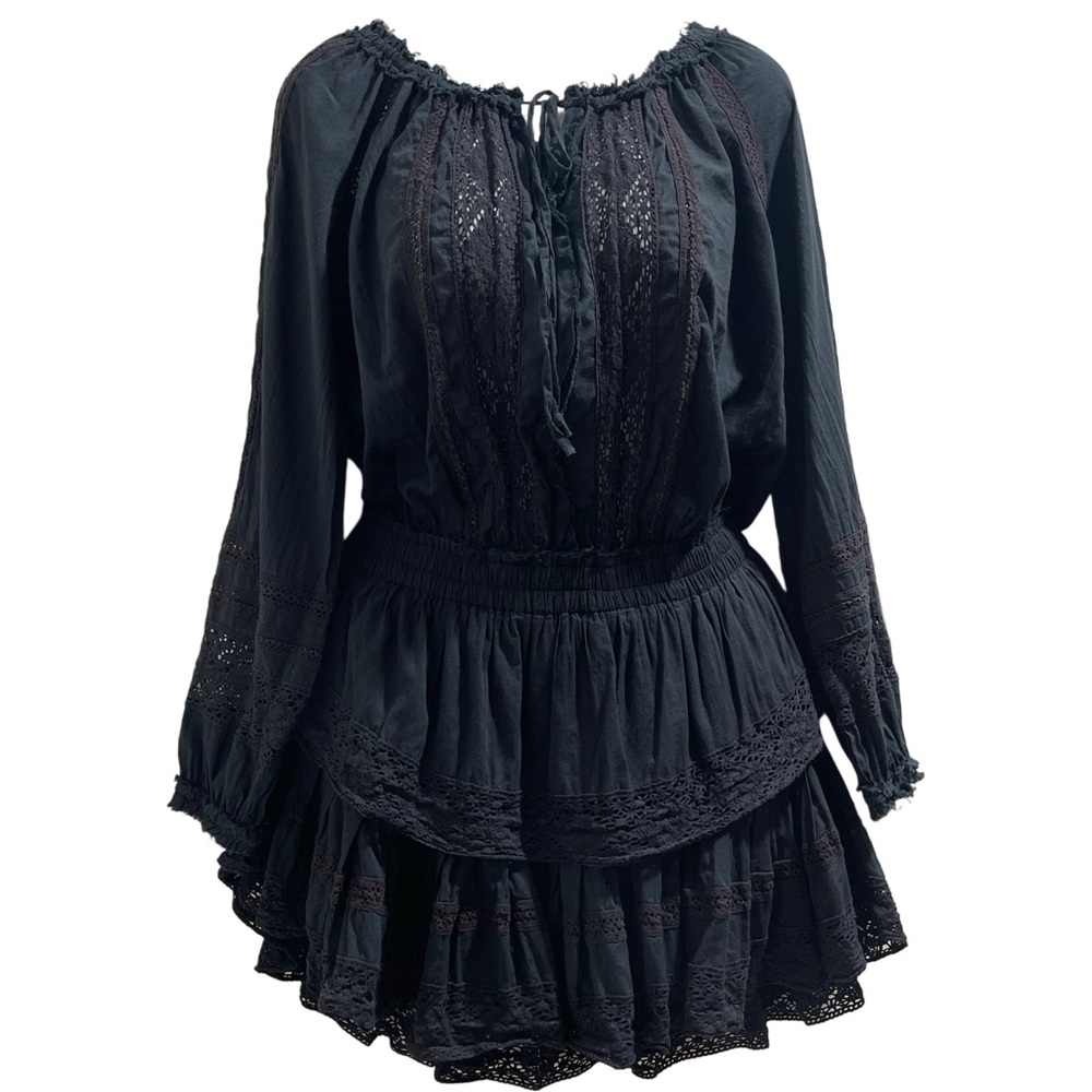 LoveShackFancy Black Cotton Dress Crochet Detail Layered Long Sleeve Size 1
